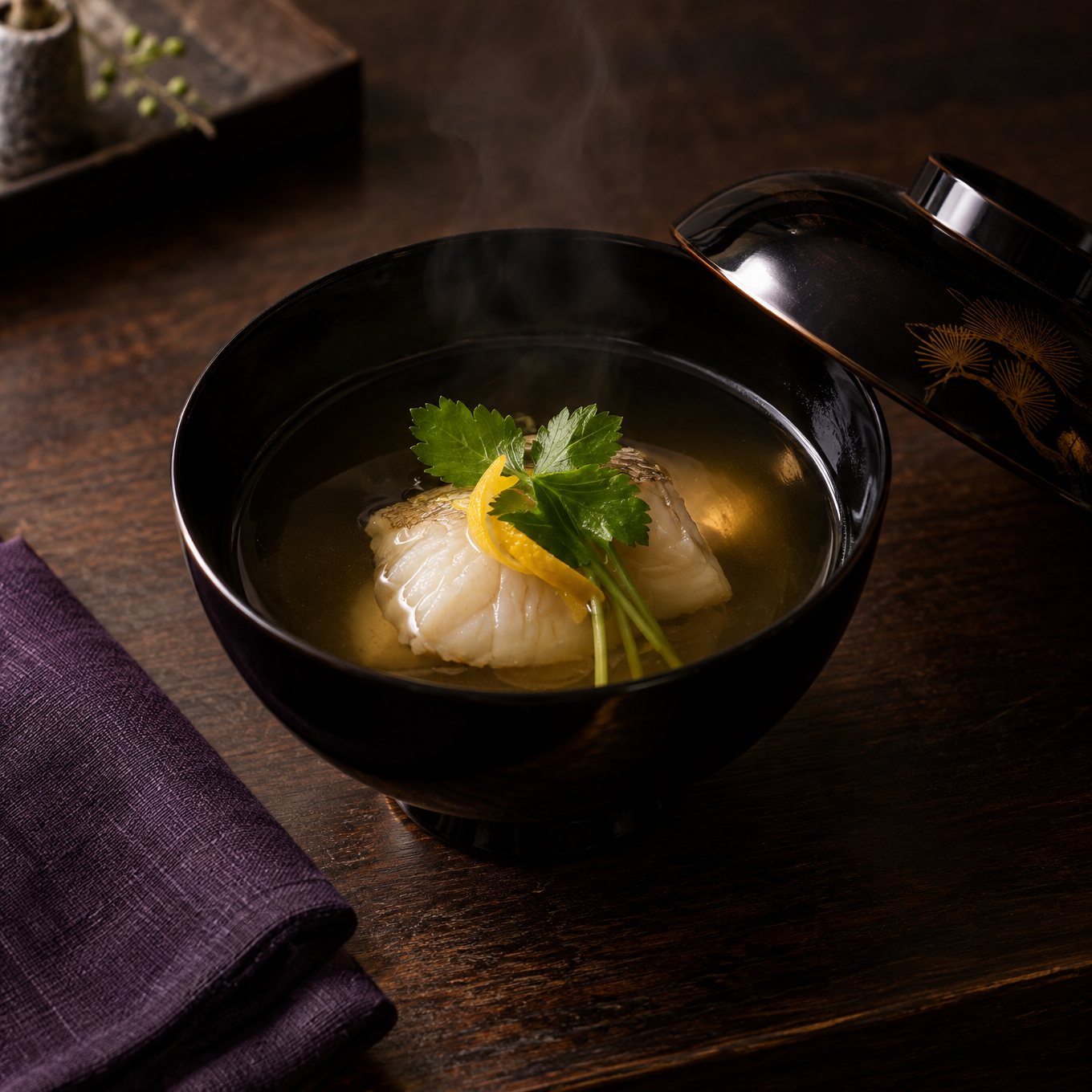 Ikkon dashi soup in a lacquer bowl