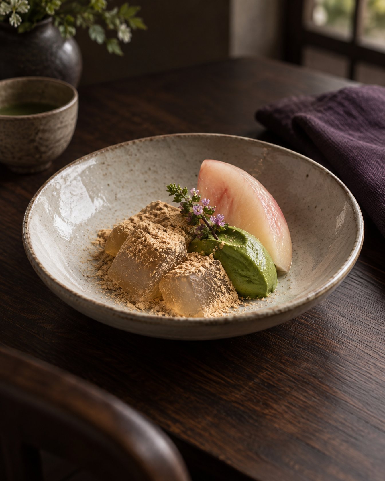 Warabi mochi with white peach