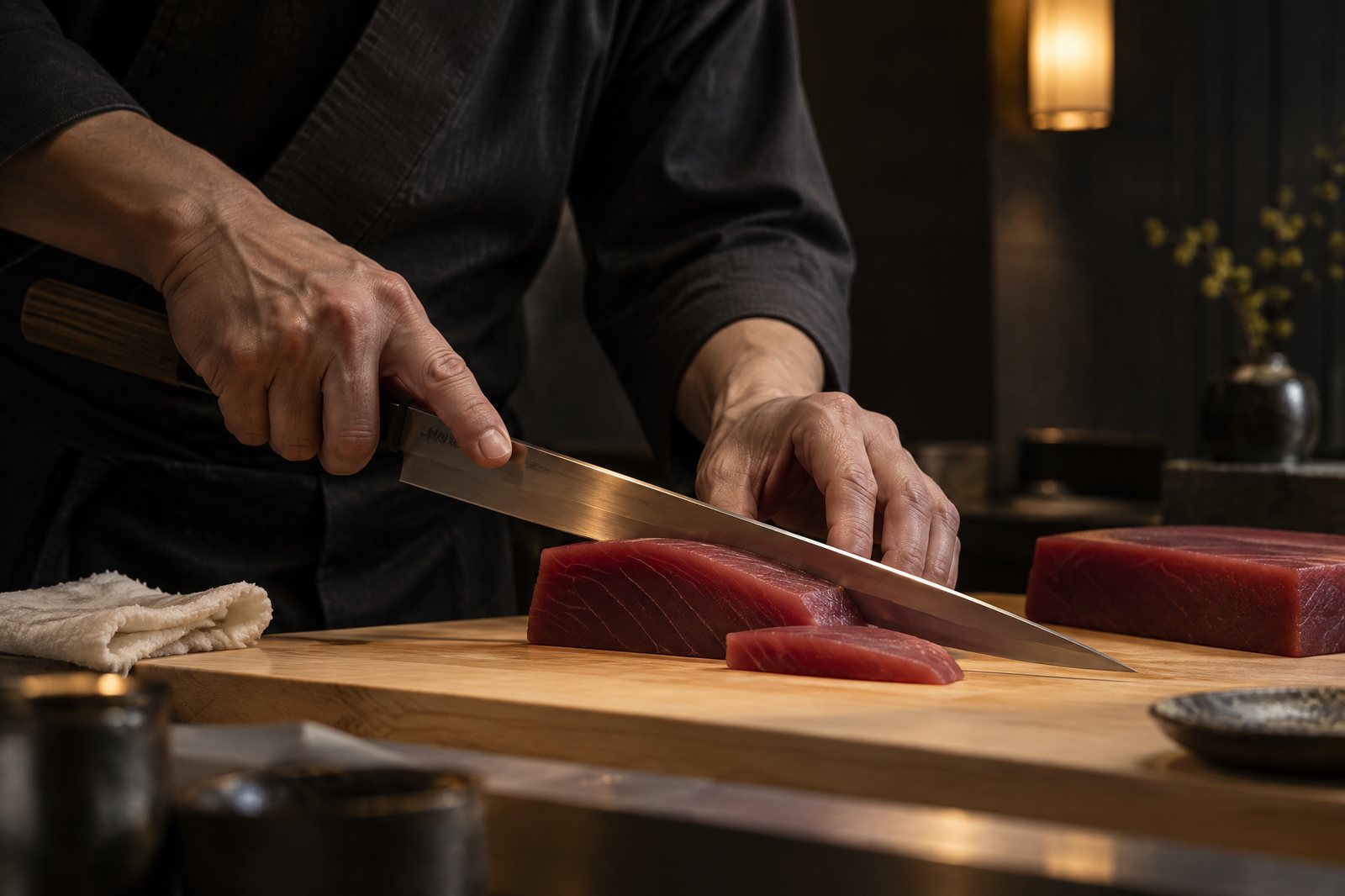 Chef's hands slicing tuna at the counter