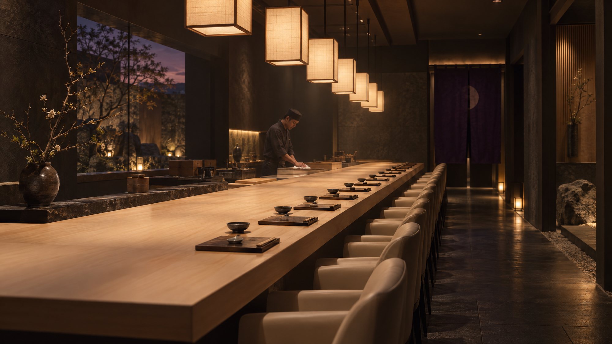 The fourteen-seat hinoki counter at Hannari at dusk
