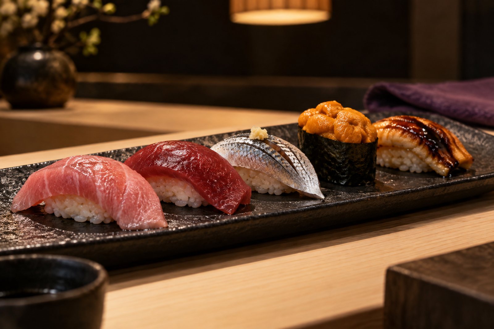 Five pieces of nigiri on a black plate