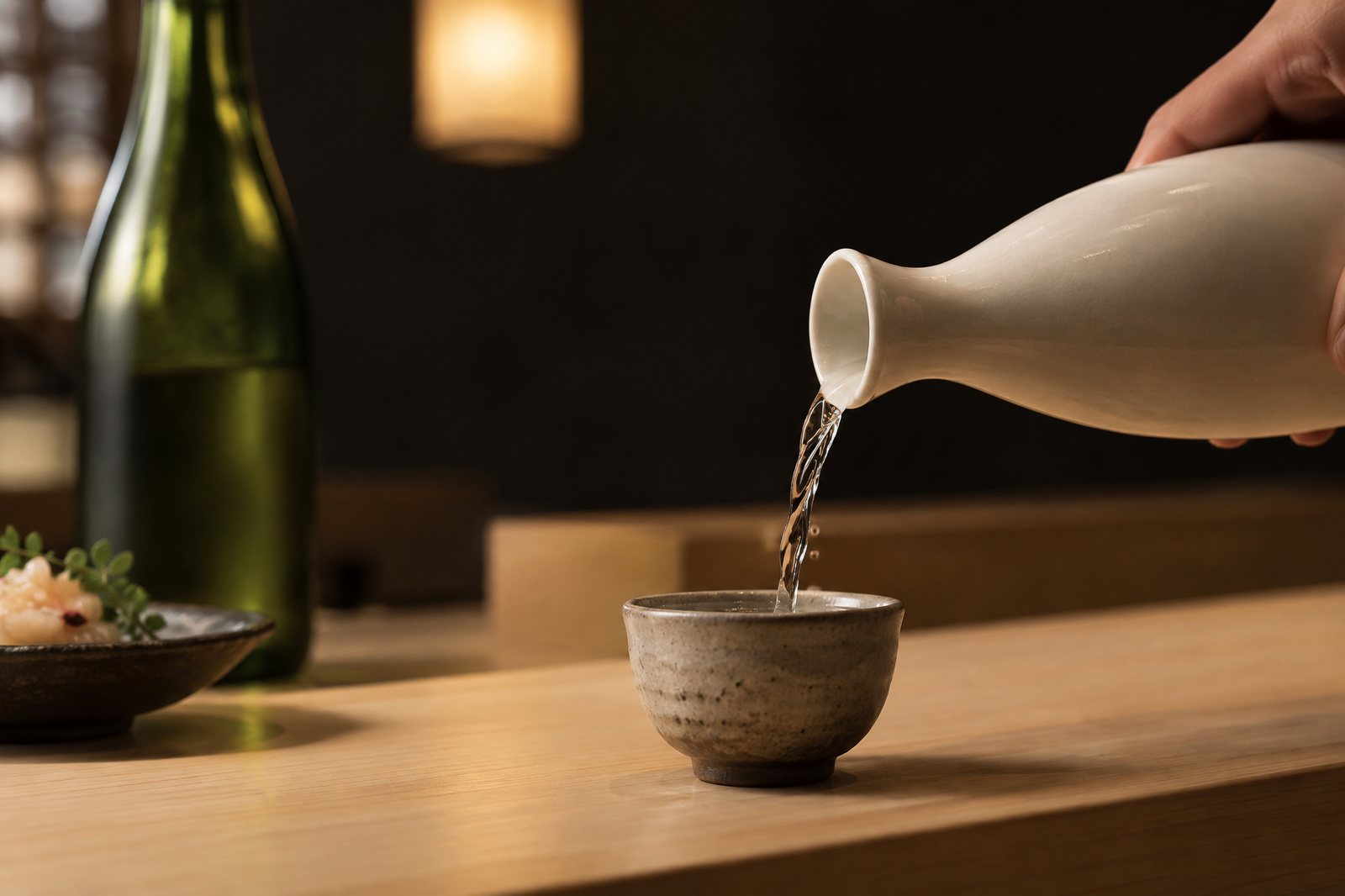 Sake poured from a tokkuri into a ceramic cup