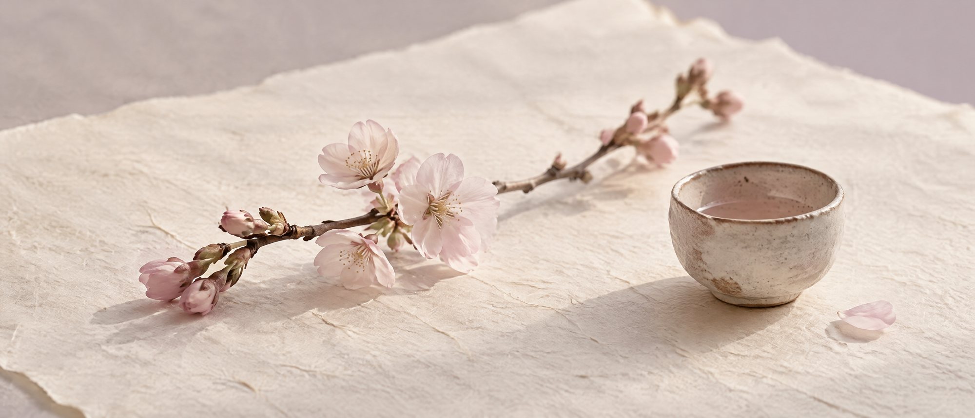 A cherry blossom branch laid on washi paper