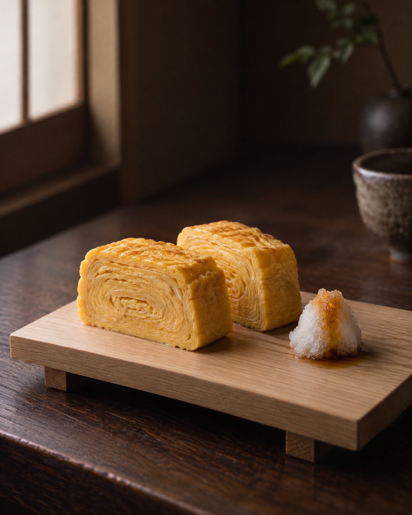 Dashimaki tamago on a hinoki board